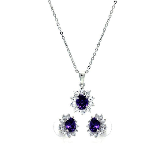 Silver 925 Rhodium Plated Purple and Clear Cluster Flower CZ Stud Earring and Dangling Necklace Set - BGS00160 | Silver Palace Inc.