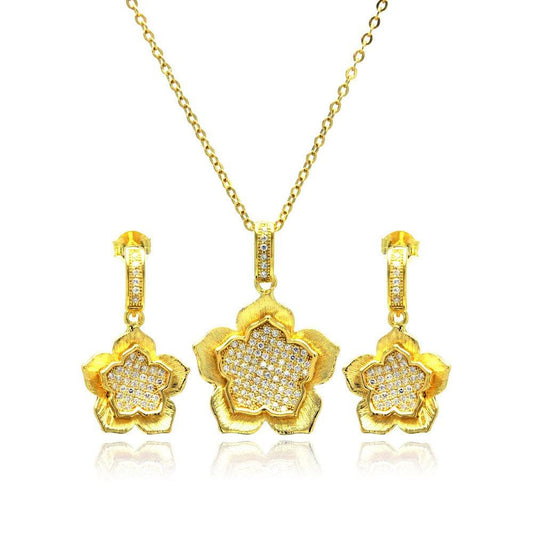 Silver 925 Gold Plated Clear Flower CZ Hanging Stud Earring and Necklace Set - BGS00177 | Silver Palace Inc.