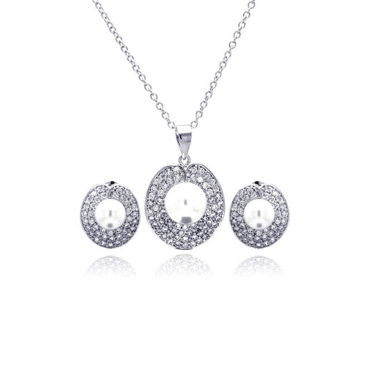 Silver 925 Rhodium Plated Pearl Round Disc Clear Pave Set CZ Stud Earring and Necklace Set - BGS00180 | Silver Palace Inc.