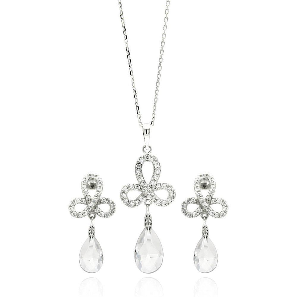 Silver 925 Rhodium Plated Clear Ribbon CZ Hanging Stud Earring and Necklace Set - BGS00211 | Silver Palace Inc.