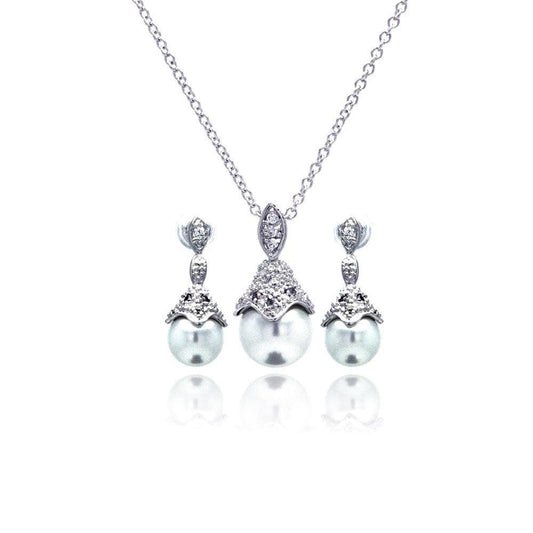 Silver 925 Rhodium Plated Pearl Drop Clear CZ Dangling Stud Earring and Necklace Set - BGS00212 | Silver Palace Inc.