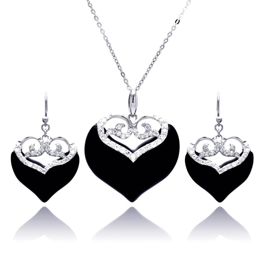 Closeout-Silver 925 Rhodium Plated Black Onyx Clear Double Heart CZ Hook Earring and Necklace Set - BGS00219 | Silver Palace Inc.