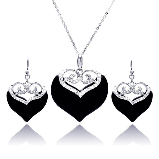 Closeout-Silver 925 Rhodium Plated Black Onyx Clear Double Heart CZ Hook Earring and Necklace Set - BGS00219 | Silver Palace Inc.