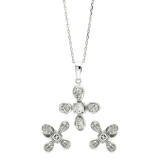 Silver 925 Rhodium Plated Clear Flower CZ Stud Earring and Necklace Set - BGS00223 | Silver Palace Inc.