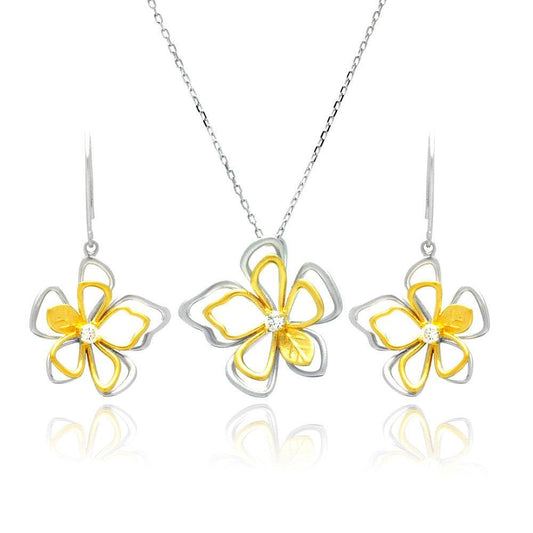 Silver 925 Rhodium and Gold Plated Open Flower Outline Clear CZ Hook Earring and Necklace Set - BGS00225 | Silver Palace Inc.