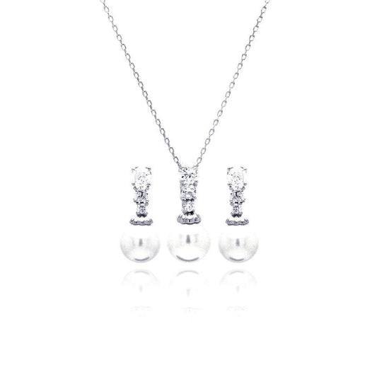 Silver 925 Rhodium Plated Pearl Clear CZ Hanging Stud Earring and Necklace Set - BGS00230 | Silver Palace Inc.