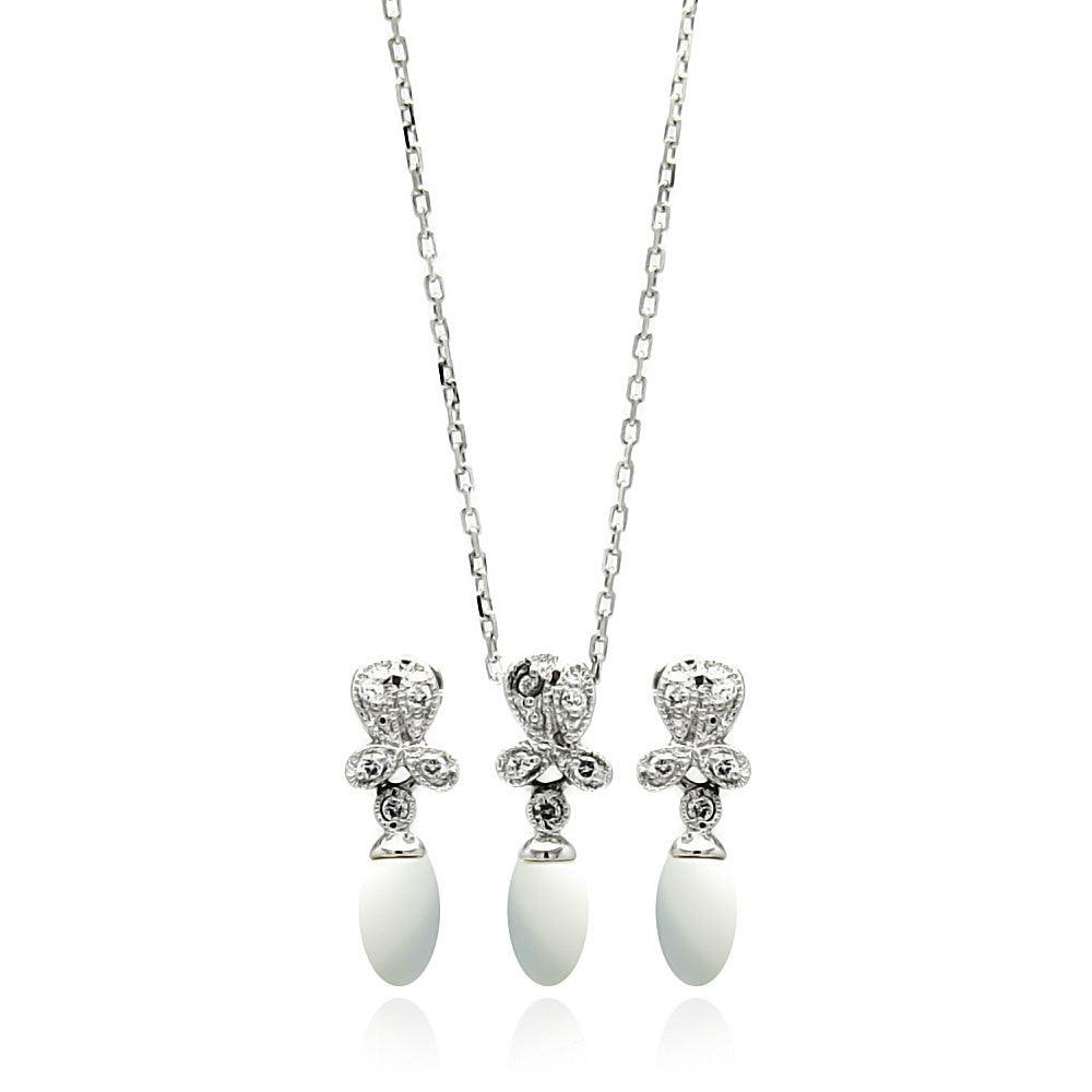 Silver 925 Rhodium Plated Fresh Water Pearl Flower Clear CZ Hanging Set - BGS00242 | Silver Palace Inc.