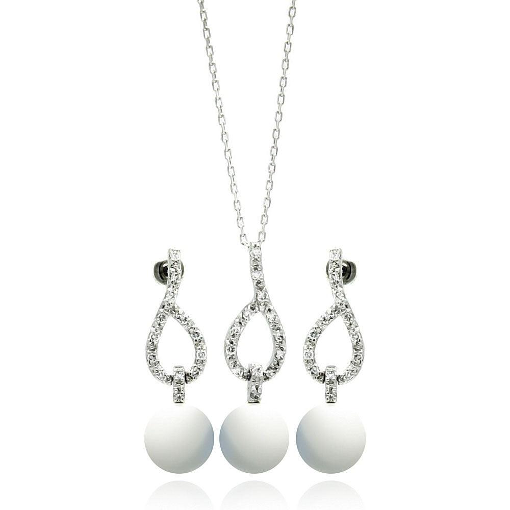 Silver 925 Rhodium Plated Pearl Clear Open Teardrop CZ Dangling Stud Earring and Dangling Necklace Set - BGS00243 | Silver Palace Inc.