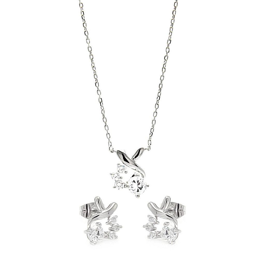 Silver 925 Rhodium Plated Individual Clear Twist Wrap CZ Stud Earring and Necklace Set - BGS00259 | Silver Palace Inc.