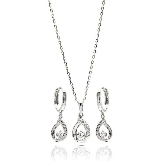 Silver 925 Rhodium Plated Open Teardrop Clear CZ Leverback Earring and Necklace Set - BGS00260 | Silver Palace Inc.