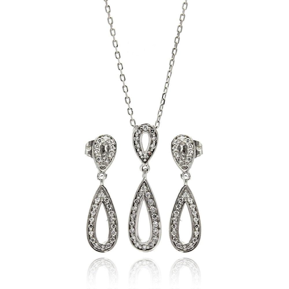 Silver 925 Rhodium Plated Clear Open Teardrop CZ Dangling Stud Earring and Dangling Necklace Set - BGS00261 | Silver Palace Inc.