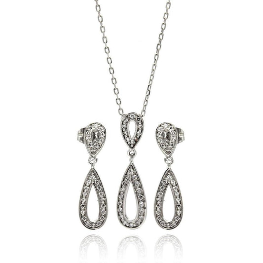 Silver 925 Rhodium Plated Clear Open Teardrop CZ Dangling Stud Earring and Dangling Necklace Set - BGS00261 | Silver Palace Inc.