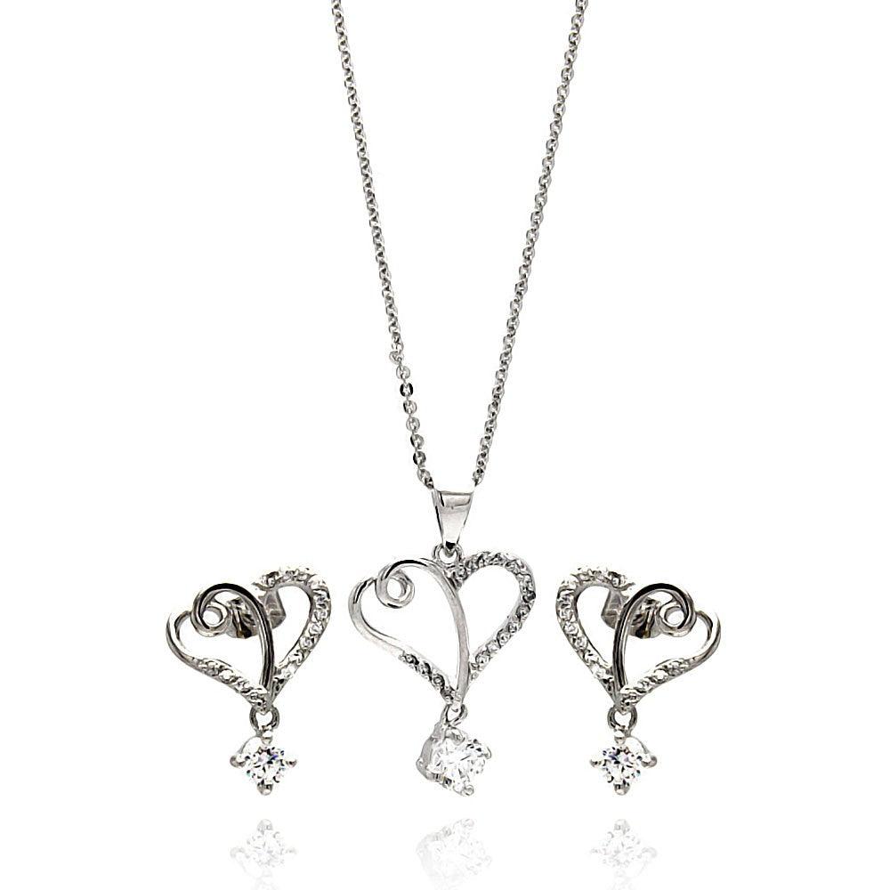 Silver 925 Rhodium Plated Clear Double Open Heart CZ Hanging Stud Earring and Hanging Necklace Set - BGS00266 | Silver Palace Inc.