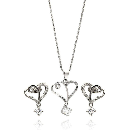 Silver 925 Rhodium Plated Clear Double Open Heart CZ Hanging Stud Earring and Hanging Necklace Set - BGS00266 | Silver Palace Inc.