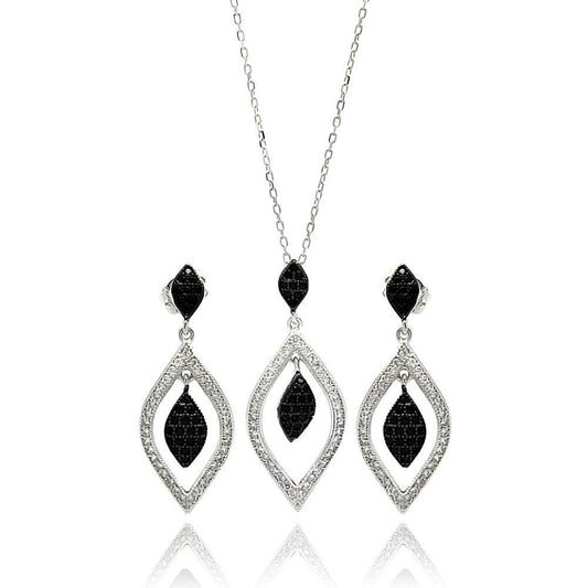 Silver 925 Rhodium Plated Black and Clear Open Marquise Teardrop CZ Set - BGS00271 | Silver Palace Inc.