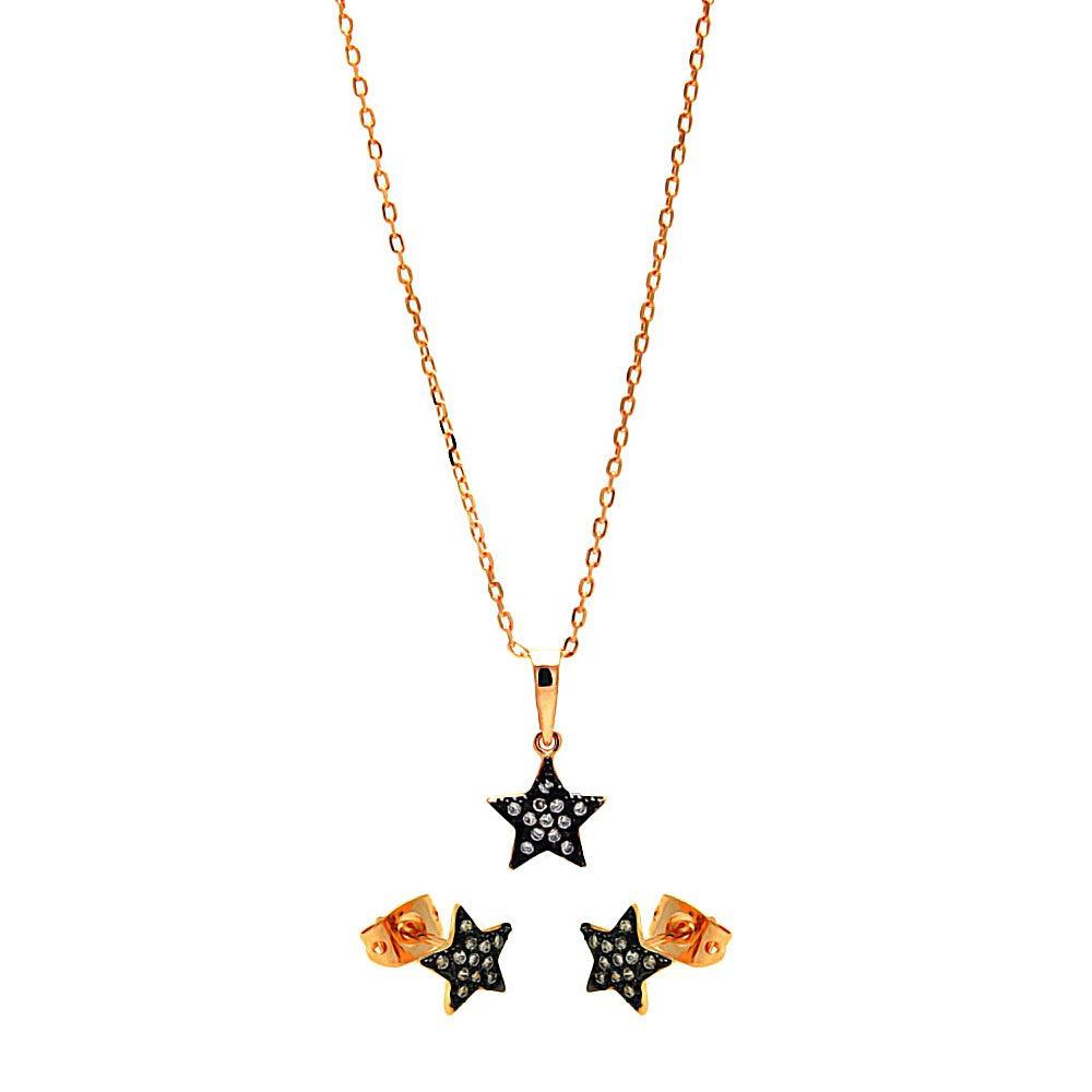 Silver 925 Black Rhodium and Gold Plated Clear Mini Star CZ Stud Earring and Necklace Set - BGS00278 | Silver Palace Inc.