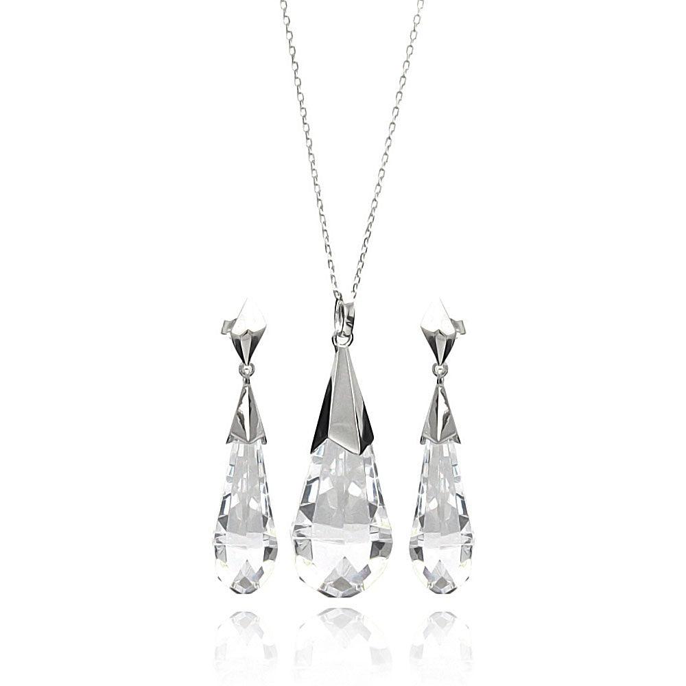 Silver 925 Rhodium Plated Clear Drop CZ Set - BGS00280 | Silver Palace Inc.