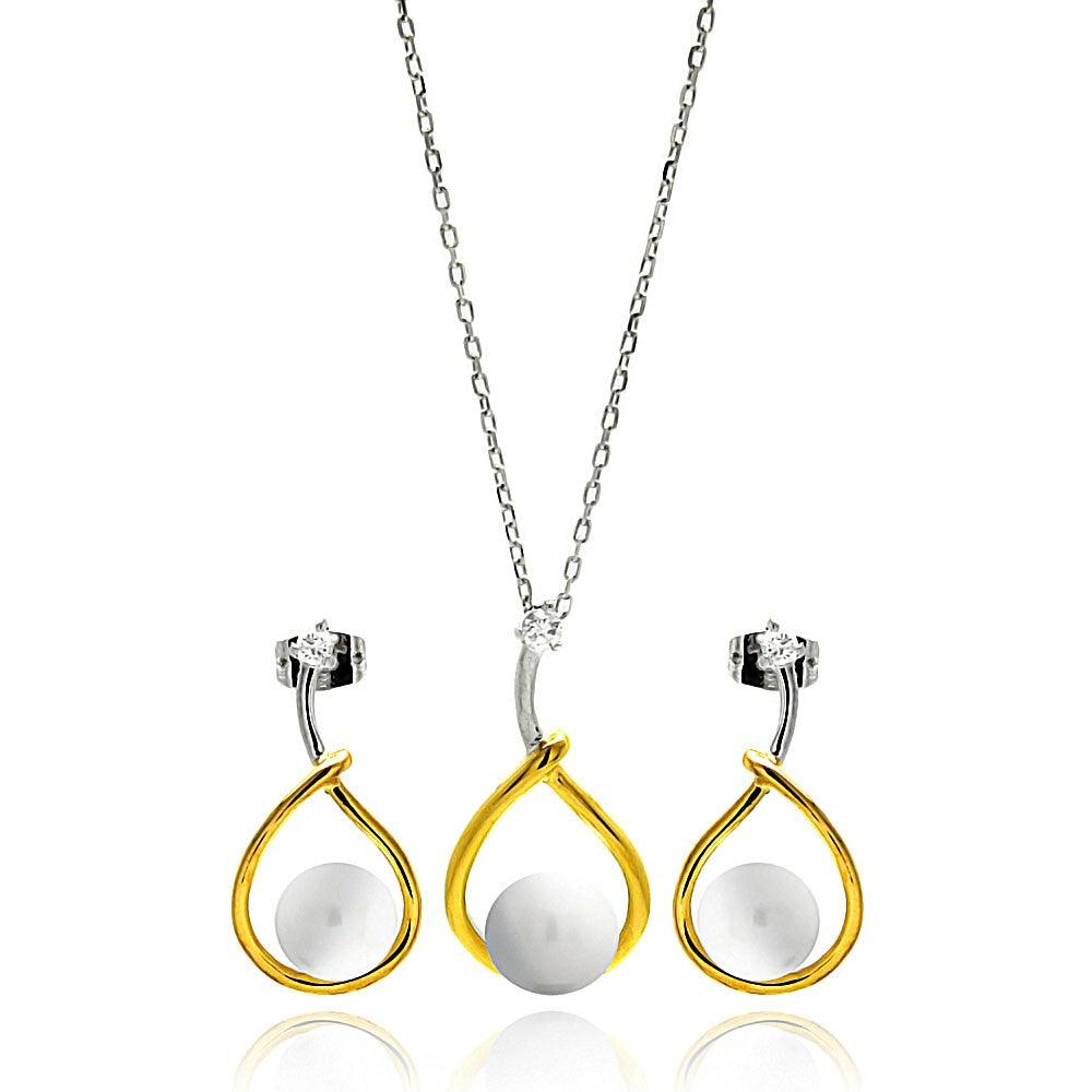 Silver 925 Rhodium and Gold Plated Overlap Open Teardrop Pearl Clear CZ Hanging Stud Earring and Necklace Set - BGS00292 | Silver Palace Inc.