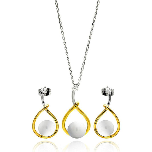 Silver 925 Rhodium and Gold Plated Overlap Open Teardrop Pearl Clear CZ Hanging Stud Earring and Necklace Set - BGS00292 | Silver Palace Inc.