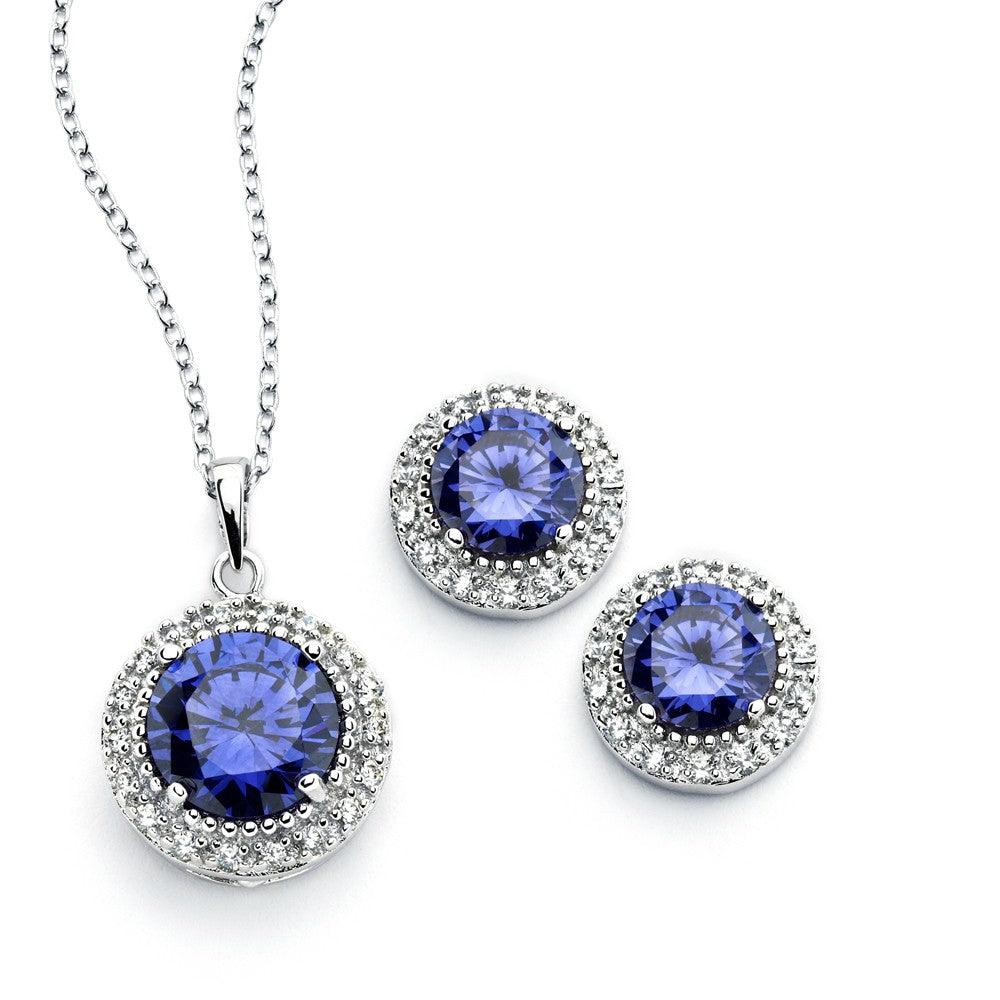 Silver 925 Rhodium Plated Clear Cluster Blue Circle CZ Stud Earring and Necklace Set - BGS00392 | Silver Palace Inc.