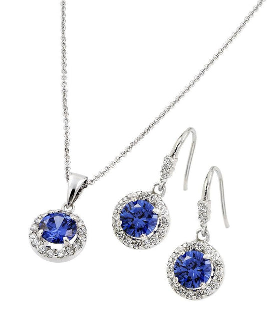 Silver 925 Rhodium Plated Clear Cluster Blue Round CZ Hook Earring and Necklace Set - BGS00397 | Silver Palace Inc.