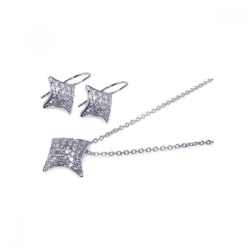 Closeout-Silver 925 Rhodium Plated Curve Square CZ Hook Earring and Necklace Set - STS00002 | Silver Palace Inc.