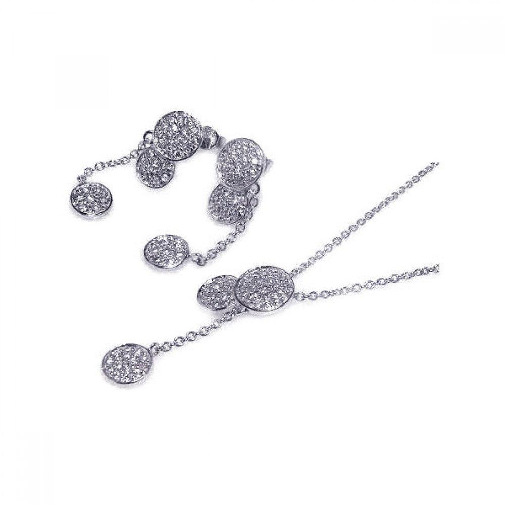 Silver 925 Rhodium Plated Graduated Disk CZ Dangling Stud Earring and Necklace Set - STS00004 | Silver Palace Inc.