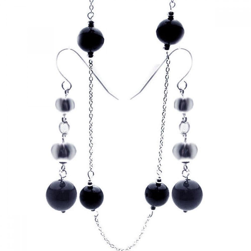 Silver 925 Rhodium Plated Graduated CZ Black Onyx Dangling Hook Set - STS00153 | Silver Palace Inc.