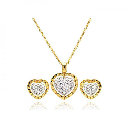 Silver 925 Gold Rhodium Plated Heart CZ Inlay Stud Earring and Necklace Set - STS00175GP | Silver Palace Inc.