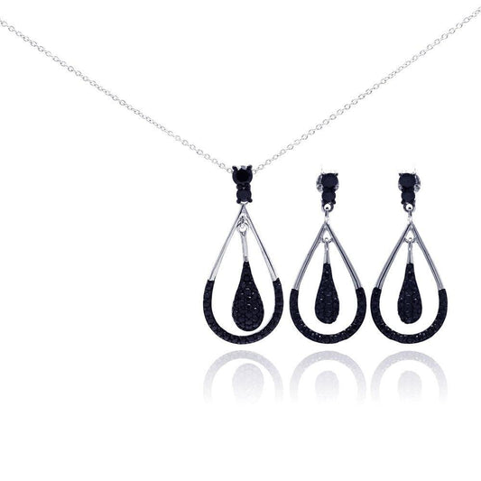 Silver 925 Rhodium Plated Open Teardrop Black CZ Dangling Set - STS00211BLK | Silver Palace Inc.