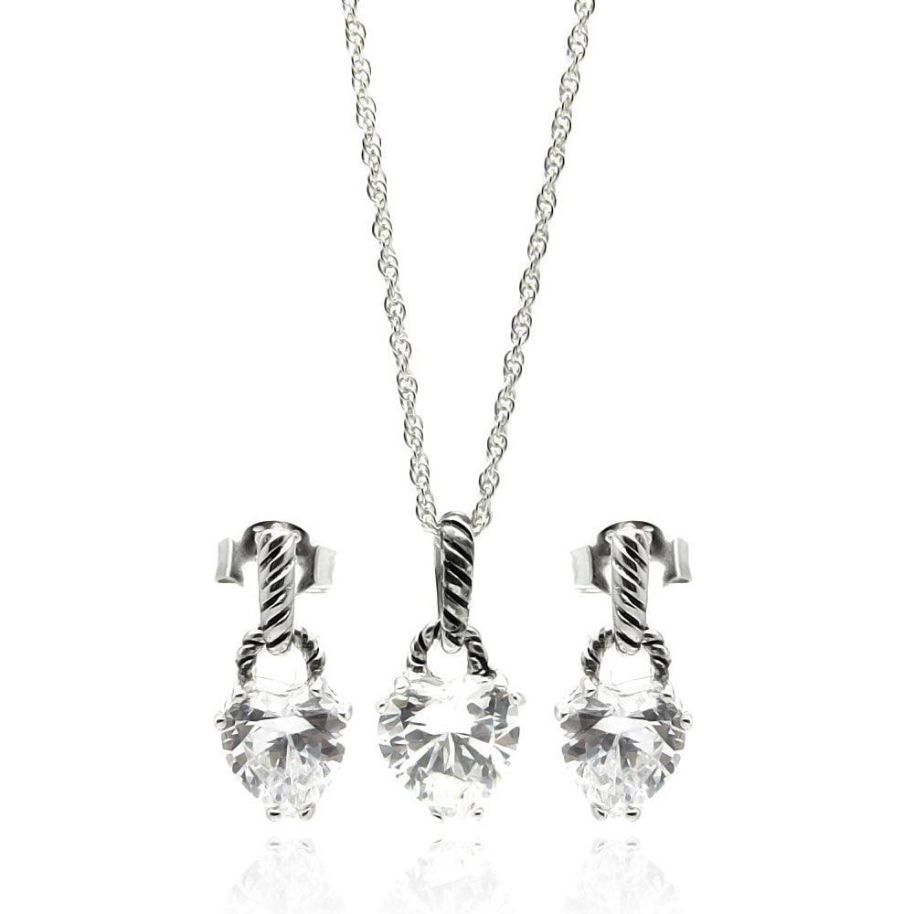 Silver 925 Rhodium Plated Heart CZ Dangling Stud Earring and Necklace Set - STS00261 | Silver Palace Inc.