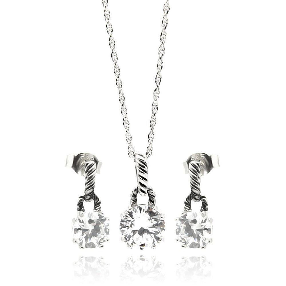 Silver 925 Rhodium Plated Round CZ Dangling Stud Earring and Necklace Set - STS00262 | Silver Palace Inc.