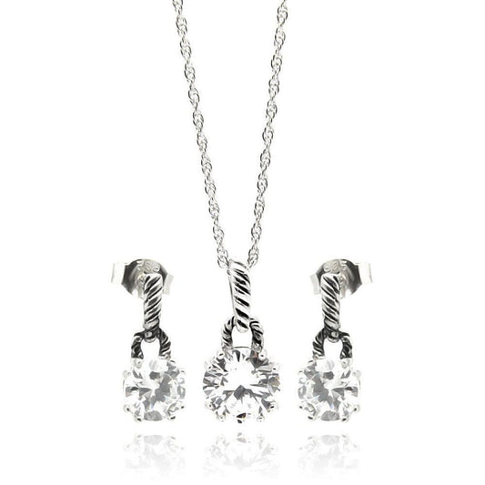 Silver 925 Rhodium Plated Round CZ Dangling Stud Earring and Necklace Set - STS00262 | Silver Palace Inc.