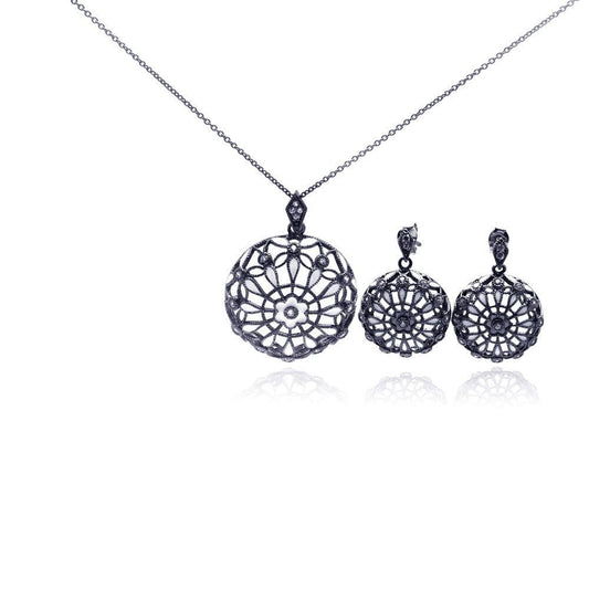 Closeout-Silver 925 Rhodium Plated Flower Round Black CZ Dangling Stud Earring and Necklace Set - STS00294 | Silver Palace Inc.