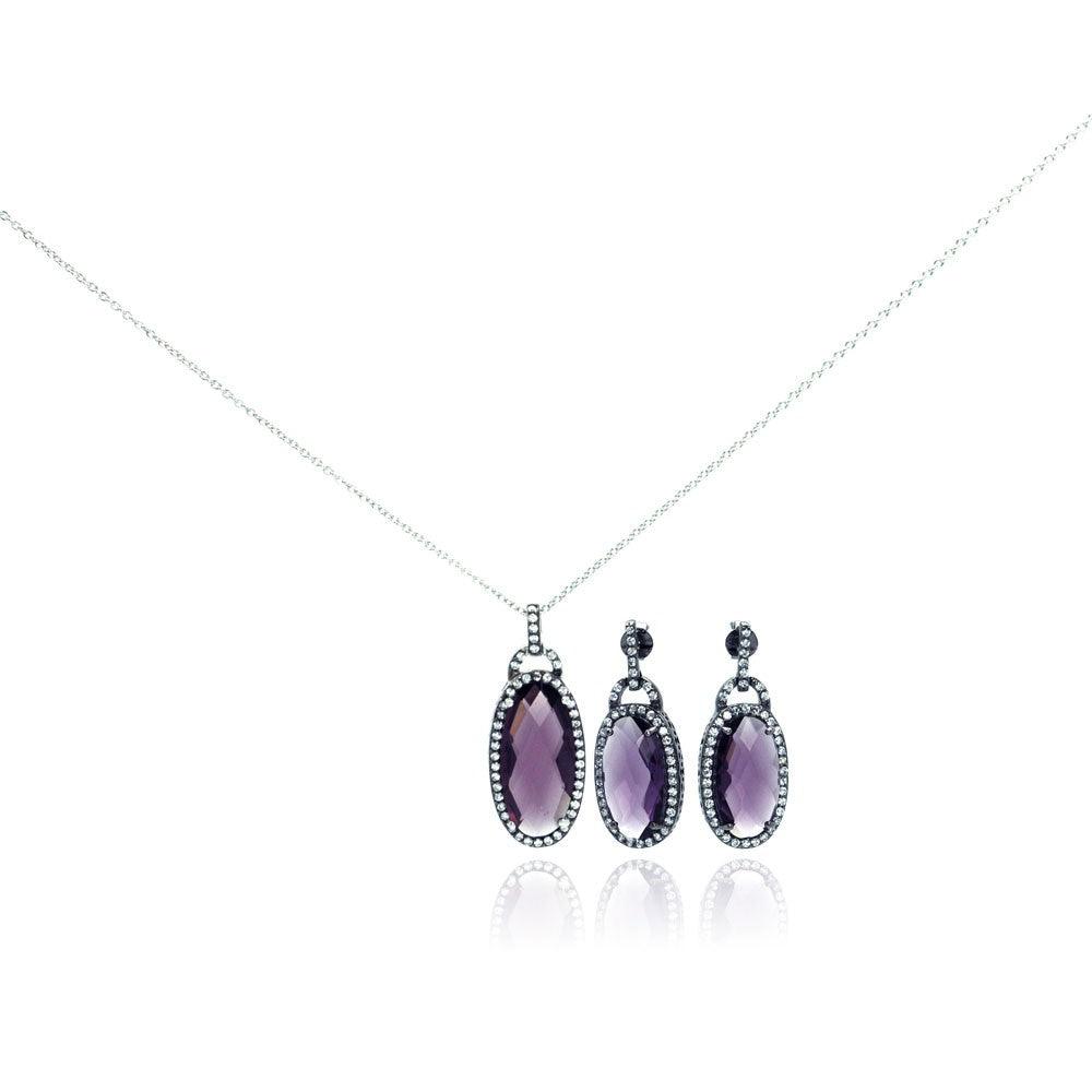 Silver 925 Rhodium Plated Oval Purple CZ Dangling Stud Earring and Necklace Set - STS00301 | Silver Palace Inc.