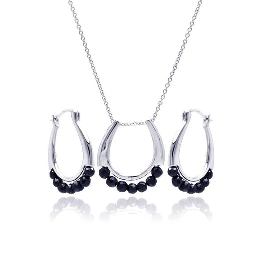 Closeout-Silver 925 Rhodium Plated Open Round Black Ball CZ Hoop Set - STS00345 | Silver Palace Inc.