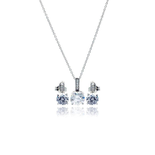 Silver 925 Rhodium Plated Round CZ Stud Earring and Necklace Set - STS00351 | Silver Palace Inc.