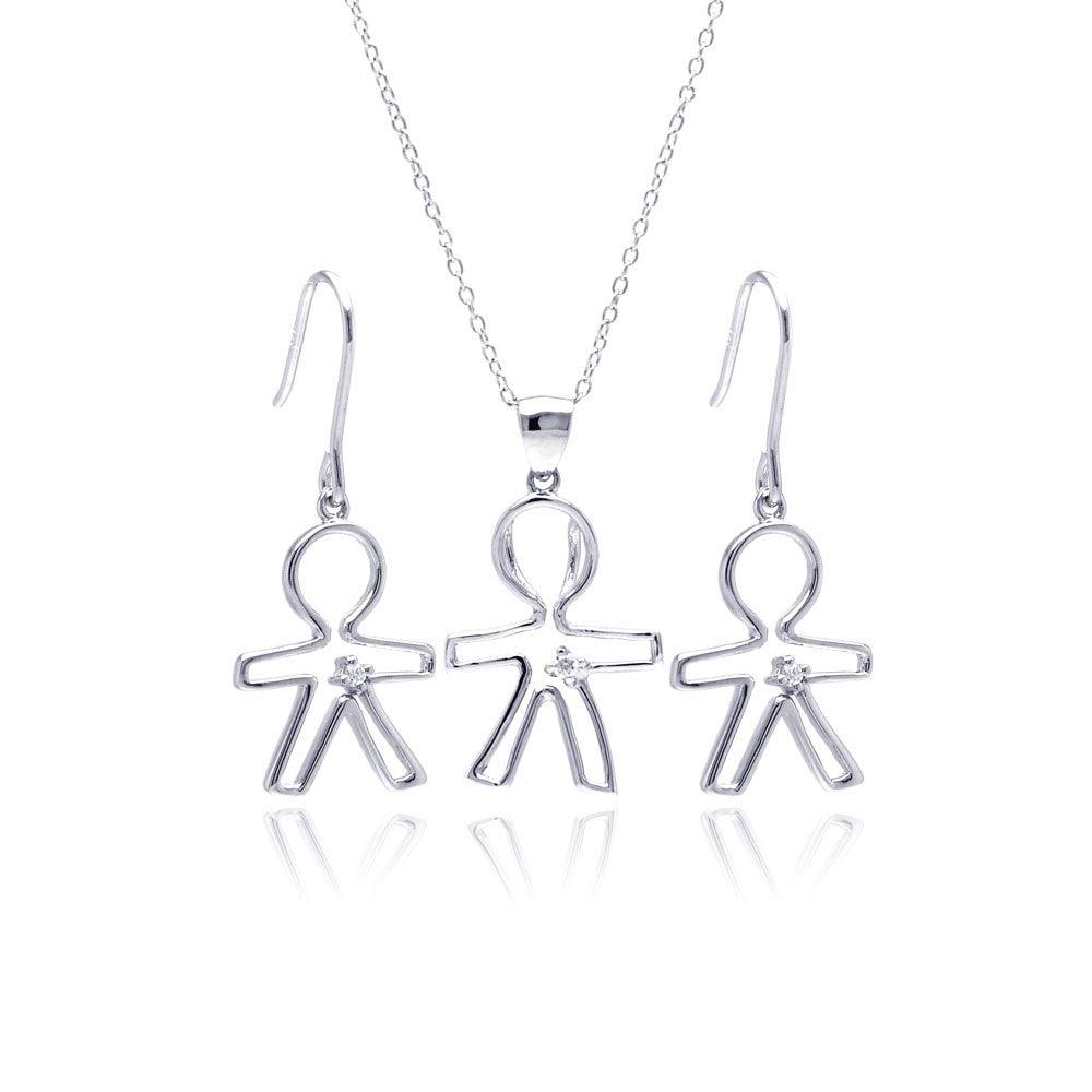 Silver 925 Rhodium Plated Open Boy CZ Dangling Hook Earring and Necklace Set - STS00361 | Silver Palace Inc.