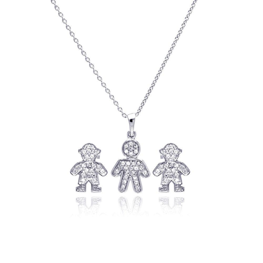 Silver 925 Rhodium Plated Open Filigree CZ Boy Stud Earring and Necklace Set - STS00363 | Silver Palace Inc.