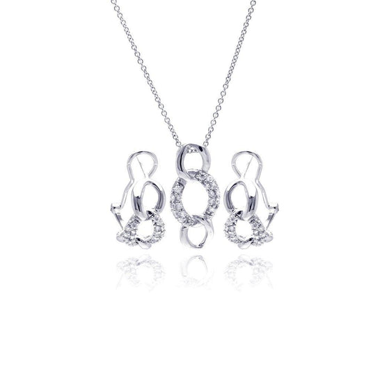 Silver 925 Rhodium Plated Open Circle Link CZ Lever Back Earring and Necklace Set - STS00364 | Silver Palace Inc.