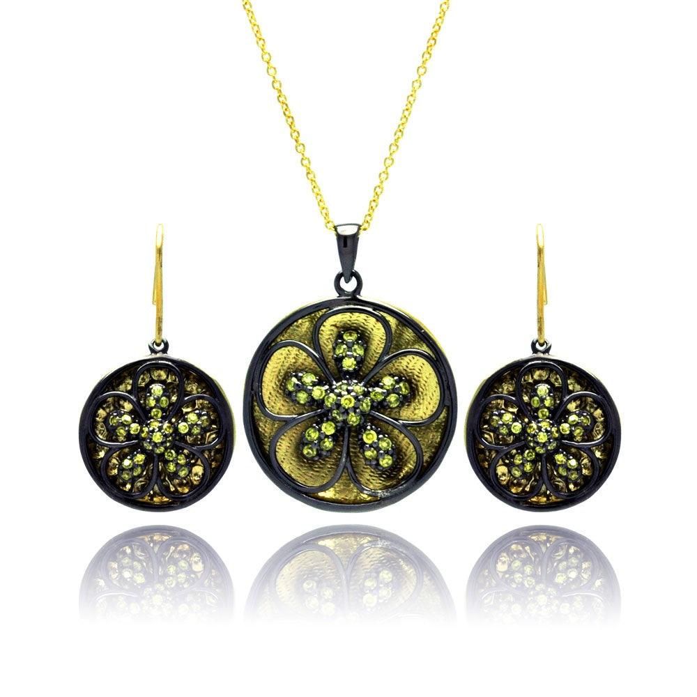 Closeout-Silver 925 Black Rhodium Gold Plated Flower CZ Dangling Stud Earring and Necklace Set - STS00375 | Silver Palace Inc.