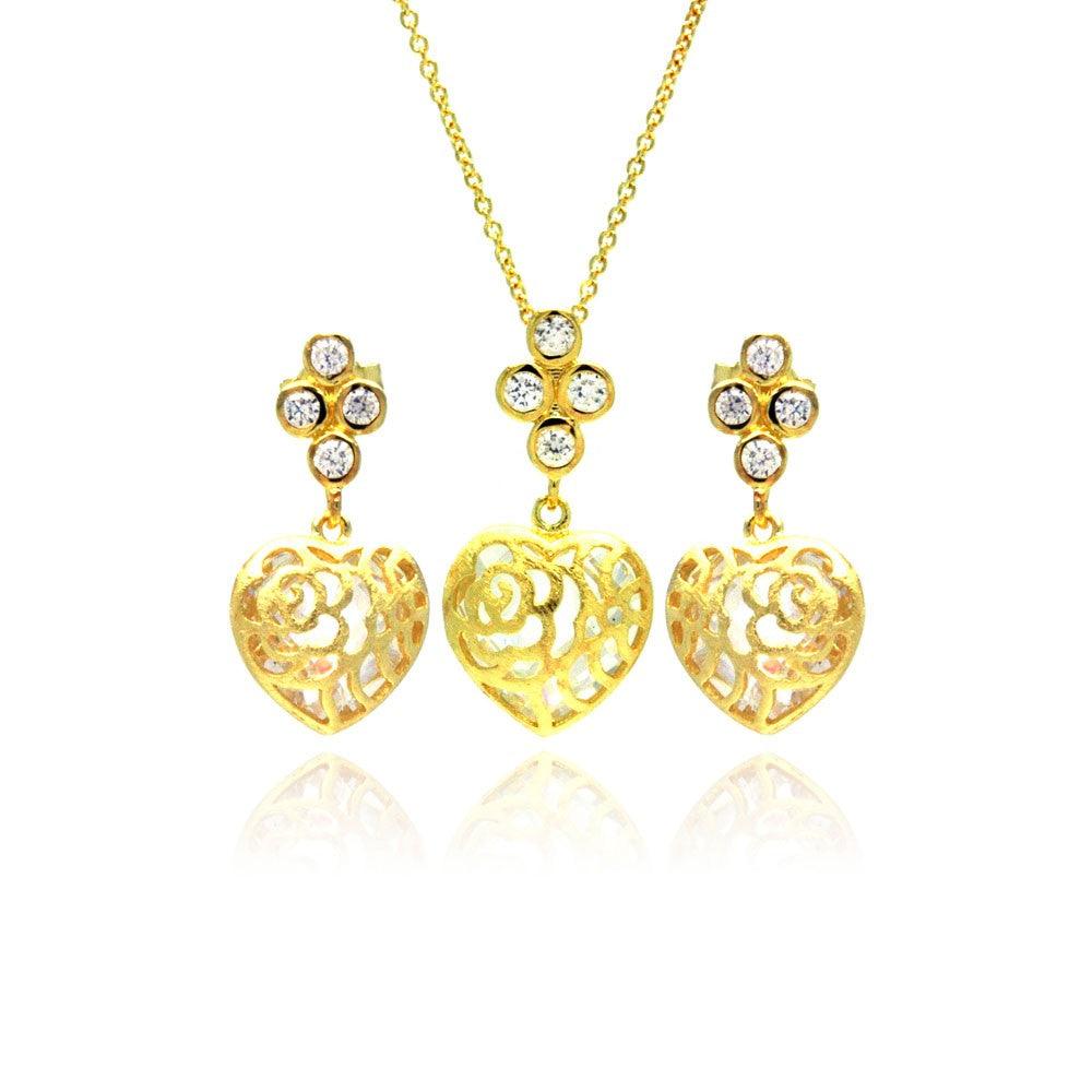 Silver 925 Gold Plated Heart Filigree CZ Dangling Stud Earring and Necklace Set - STS00383 | Silver Palace Inc.