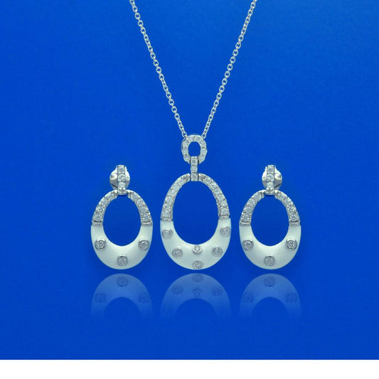 Closeout-Silver 925 Rhodium Plated Open Oval White Enamel CZ Dangling Stud Earring and Necklace Set - STS00391 | Silver Palace Inc.