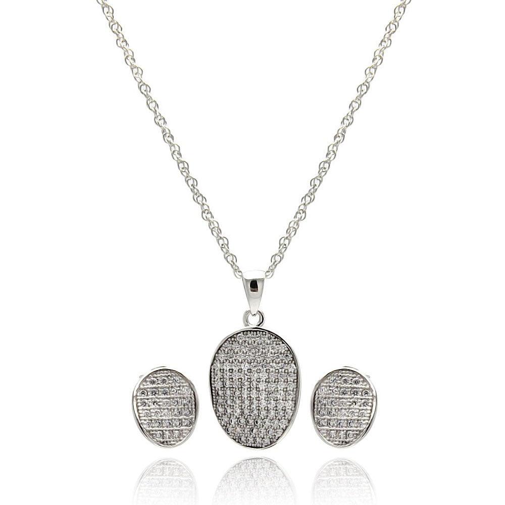 Silver 925 Rhodium Plated Oval CZ Stud Earring and Necklace Set - STS00412 | Silver Palace Inc.