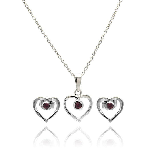 Silver 925 Rhodium Plated Open Heart Round Red CZ Stud Earring and Necklace Set - STS00416 | Silver Palace Inc.