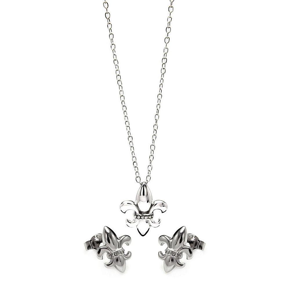 Silver 925 Rhodium Plated Fleur De Lis CZ Stud Earring and Necklace Set - STS00428 | Silver Palace Inc.