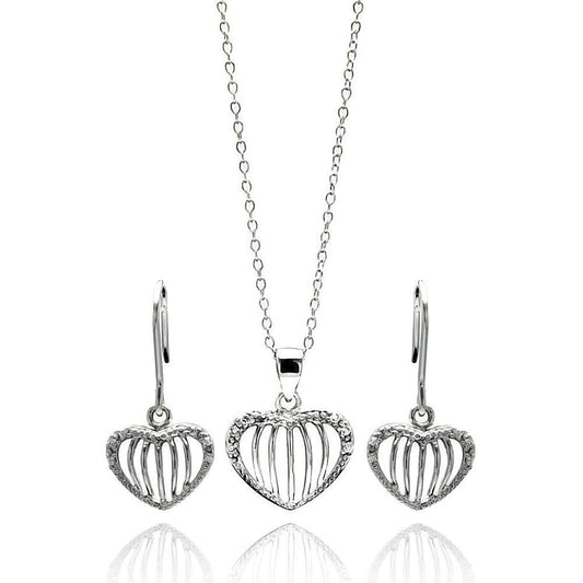 Silver 925 Rhodium Plated Open Heart Stripe CZ Stud Earring and Necklace Set - STS00434 | Silver Palace Inc.