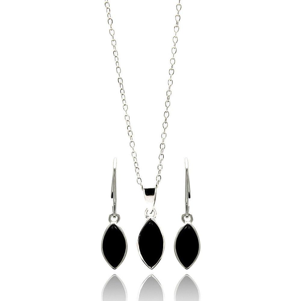 Silver 925 Rhodium Plated Black Marquis CZ Dangling Lever Back Earring and Necklace Set - STS00439 | Silver Palace Inc.