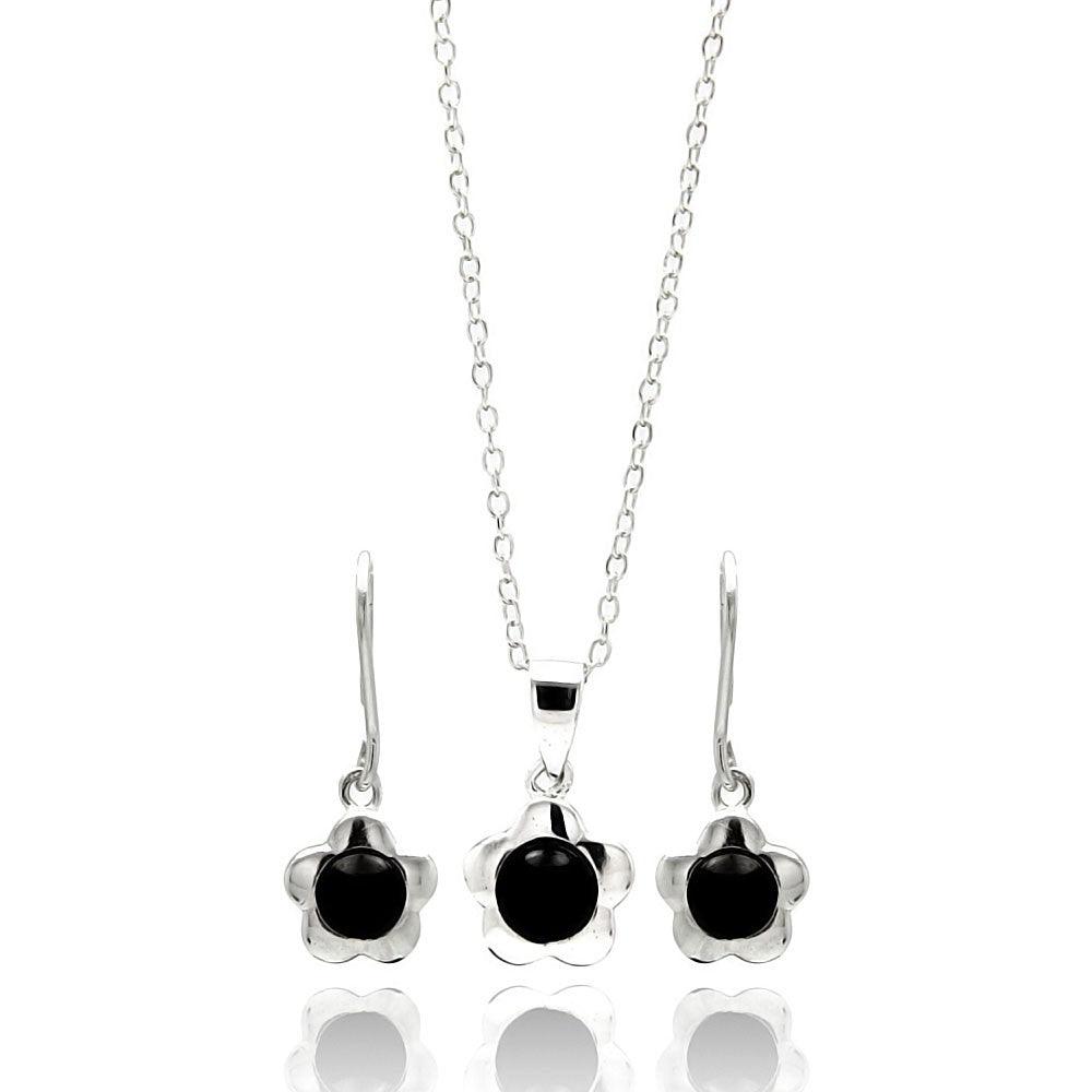 Silver 925 Rhodium Plated Flower Black Round CZ Dangling Lever Back Stud Earring and Necklace Set - STS00444 | Silver Palace Inc.