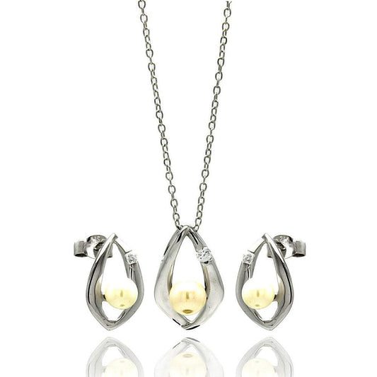 Silver 925 Rhodium Plated Open Teardrop Center Pearl Stud Earring and Necklace Set - STS00446WHT | Silver Palace Inc.